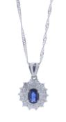 Platinum Oval Cluster Claw Set Diamond and Sapphire Pendant and Chain (S1.18) 1.26 Carats
