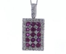 18ct White Gold Emerald Cluster Claw Set Diamond and Ruby Pendant and Chain (R1.06) 0.64 Carats