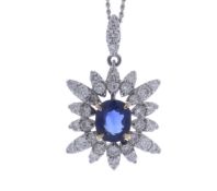 Platinum Oval Cluster Claw Set Diamond and Sapphire Pendant and Chain (S0.87) 0.55 Carats