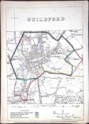 London Guildford Boundary Commission 157-Year-Old Coloured Scrace Antique Map.