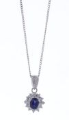 Platinum Oval Cluster Claw Set Diamond and Sapphire Pendant and Chain (S1.06) 0.25 Carats
