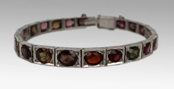 Antique Russian Garnet & Tourmaline Engraved Silver Bracelet