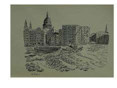 Edward Bawden CBE RA Original Vintage Historic Lithograph of London St Paul's Cathedral Thames