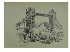 Edward Bawden CBE RA Original Vintage Historic Lithograph of Tower Bridge