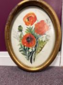 Vintage Watercolour Painting of Poppies In An Oval, Signed. Dated.