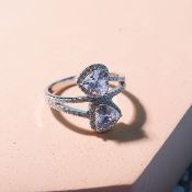 New! Cubic Zirconia 2 Heart Ring In Rhodium Overlay Sterling Silver