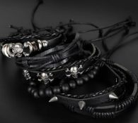 New! 6 Pc Set of Goth Style PU Leather & Wood Bead Bracelets