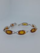 Silver and Natural Amber Bracelet Set With Marquise Polished Amber