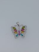 Silver Multi Colour Butterfly Pendant Set With CZ Stones