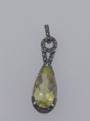 925 Pendant Set With Pear Cut Citrine and Marcasite Stones