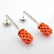 Exquisite Earrings Detailed With Carved-Coral, Brilliant Diamonds and Gold