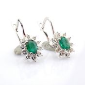 18K White Gold Cluster Earrings Detailed With Emerald and Brilliant Diamonds