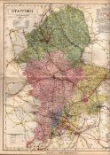 The County of Stafford Large Victorian Letts 1884 Antique Coloured Map.