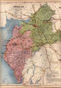 County of Cumbria & The Lake District Large Victorian Letts 1884 Antique Coloured Map.
