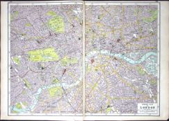 Antique Large Coloured Detailed Map London Thames East & West End the City.