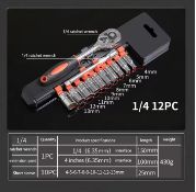 12pcs Socket Ratchet Handle Wrench Set 1/4 Spanner Kit With Extension Rod and 10 Common Sockets
