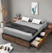 New Double Iron Bed Frame 4 Underbed Storage Drawers Platfrom Bed Slat Support Base
