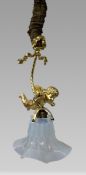 Fine French Gilt Cherub Light Fitting with Vaseline Glass Shade
