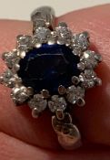 Sapphire, CZ and Diamond Halo Sterling Silver Ring Size M1/2
