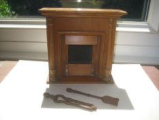 Vintage Dolls House Wooden Fireplace With Metal Tools