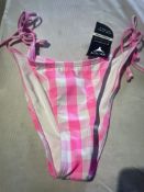 iBody Fixed Tied Side Brazilian Bikini Bottom. Pink/White, Checks, Size S