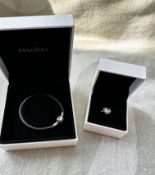 Pandora Silver & Crystal Heart Ring & Leather Bracelet