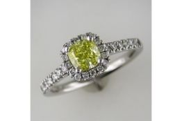 A New Cushion Cut Intense Yellow Certified Diamond Halo Ring