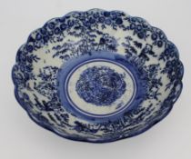 19th-Century Blue and White Transferware Bowl – Floral and Figure Design