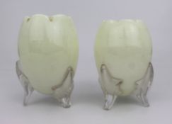 Pair of Vintage Opaline Glass Vases with Clear Tripod Feet