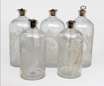 Graduated Set of Five Victorian Etched Glass Apothecary or Spirit Bottles