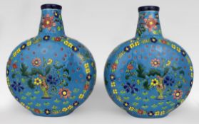 Pair of French Longwy-Style Ceramic Moonflask Vases, c.1900–1920 – Hand-Painted