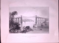 Wales Menai Bridge WH Bartlett 183 Years-Old Antique Steel Engraving-40