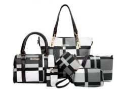 6pcs Set Large Capacity Checkered Pattern Shoulder Bag With Simple Handbag, Crossbody Bag, Clutch...