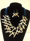 Necklace & Earrings Set With Rare Cross Shaped Natural White Pearls and Blue Onyx.