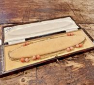 18ct Gold Figaro Chain With Angel Skin Coral Beads Necklace