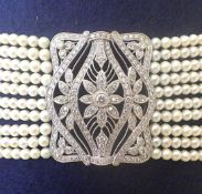 Vintage (Or Older) Platinum and Diamond Choker Necklace With Ten Rows of Marine White Pearls.