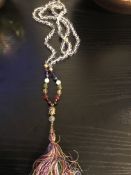 Clear Quartz Long Bead Necklace With Buddha Charm and Tassle