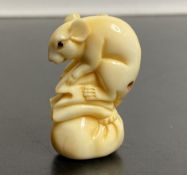 Antique Japanese Signed Figurine - Mouse On A Sack