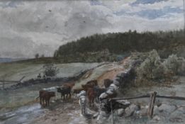 John Smart 1838-1899 Signed Watercolour. Cattle Drovers.