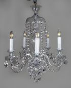 Five-Arm French Cut Glass and Crystal Chandelier, Mid-20th Century