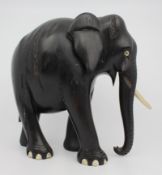 Hand-Carved Wooden Elephant with Bone Inlay, c. Mid-20th Century