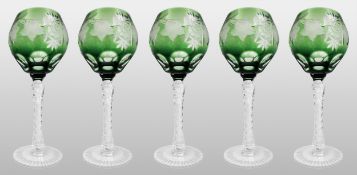 Set of 5 Vintage Green Overlay Cut to Clear Wine Glasses
