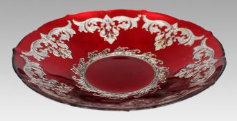 Large Ruby Flashed Glass Bowl with Ornate Silver Overlay