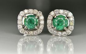 Beautiful 0.49ct Natural Emerald Halo Set Stud Earrings With Diamonds In Platinum 950