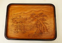 Japanese Wooden Tray With Detailed Hand Carving of Itsukushima