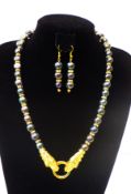 Necklace & Earrings Set With Large Black Iridescent Natural Pearls and Chinese Dragons.