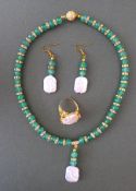 Parure Set With Green Jade and Baroque White Pearls In Jewellery Box