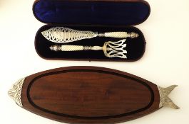 Boxed Antique Silver Fish Serving Set & Fish Serving Wooden Platter