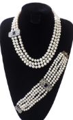 Multistrand Natural White Pearl Necklace & Bracelet Set With Glamorous Clasps