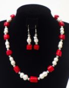 Necklace & Earrings Set With Rare Twin Natural Pearls and Genuine Red Coral